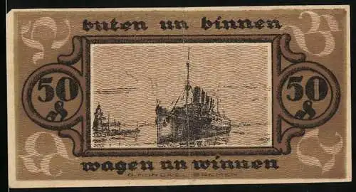 Notgeld Bremen 1921, 50 Pfennig, Dampfer auf See