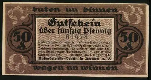 Notgeld Bremen 1921, 50 Pfennig, Dampfer auf See