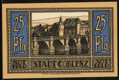 Notgeld Coblenz 1921, 25 Pfennig, Balduinbrücke und Wappen