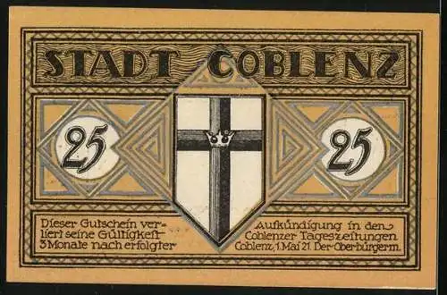 Notgeld Coblenz 1921, 25 Pfennig, Balduinbrücke und Wappen