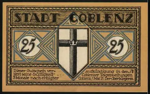 Notgeld Coblenz 1921, 25 Pfennig, Balduinbrücke und Wappen