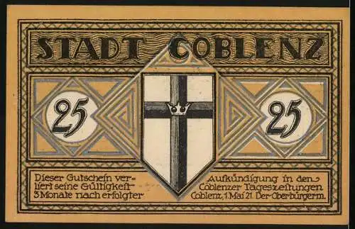 Notgeld Coblenz 1921, 25 Pfennig, Balduinbrücke und Wappen