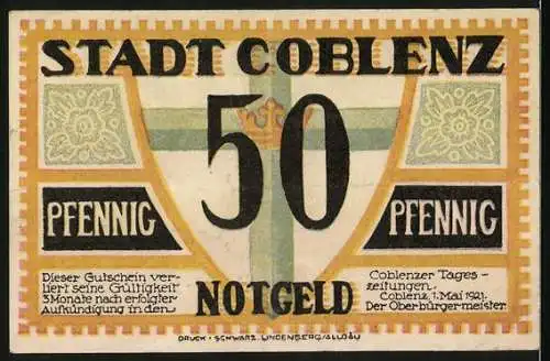 Notgeld Coblenz 1921, 50 Pfennig, Kirche, Wappen