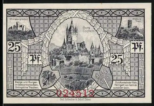 Notgeld Cochem 1921, 25 Pfennig, Burg Cochem, Winneburg, Wildburg Treis