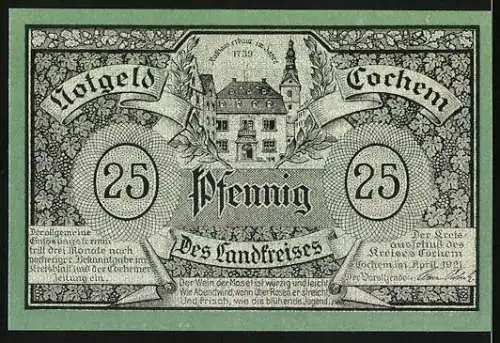 Notgeld Cochem 1921, 25 Pfennig, Burg Cochem, Winneburg, Wildburg Treis