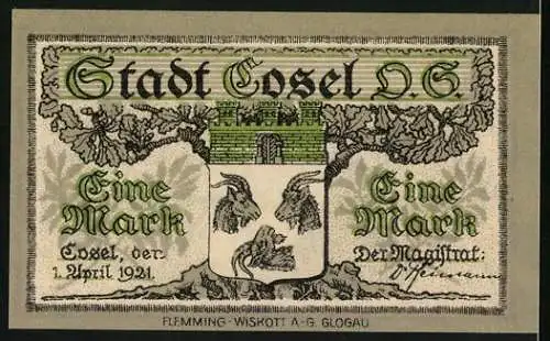 Notgeld Cosel 1921, 1 Mark, Uferpartie mit Booten, Wappen