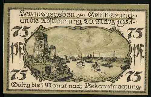 Notgeld Cosel 1921, 75 Pfennig, Uferpartie mit Booten, Wappen