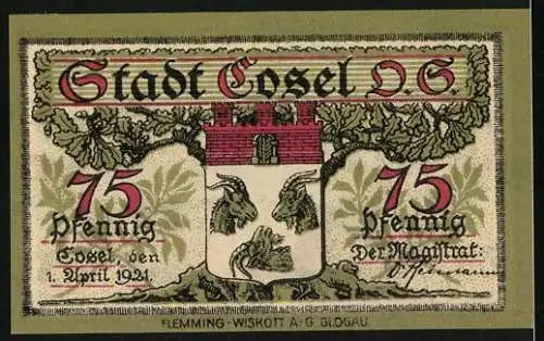 Notgeld Cosel 1921, 75 Pfennig, Uferpartie mit Booten, Wappen