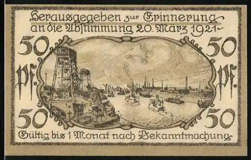 Notgeld Cosel 1921, 50 Pfennig, Uferpartie mit Booten, Wappen