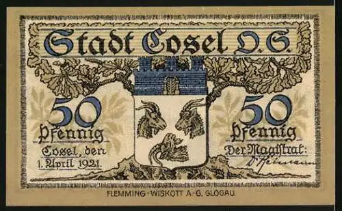 Notgeld Cosel 1921, 50 Pfennig, Uferpartie mit Booten, Wappen