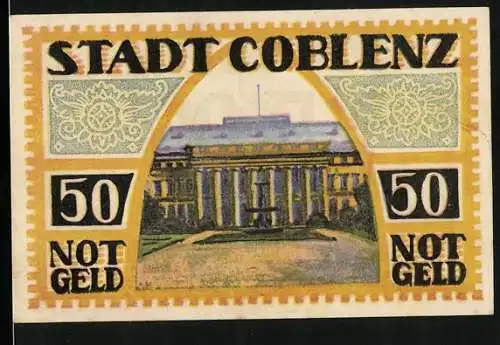 Notgeld Coblenz 1921, 50 Pfennig, Königliches Schloss und Wappen