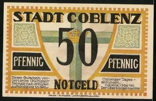 Notgeld Coblenz 1921, 50 Pfennig, Königliches Schloss und Wappen