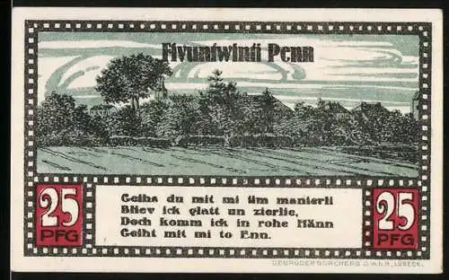 Notgeld Ahrensbök 1920, 25 Pfennig, Ortspartie mit Kirche