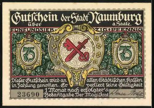 Notgeld Alt-Naumburg 1921, 75 Pfennig, Das Jacobstor, Wappen