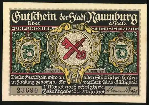 Notgeld Alt-Naumburg 1921, 75 Pfennig, Das Marientor, Wappen