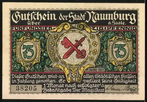 Notgeld Naumburg an der Saale 1921, 75 Pfennig, Teilansicht mit Kirche, Wappen