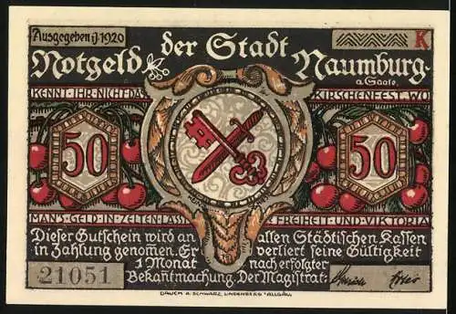 Notgeld Naumburg a. Saale 1920, 50 Pfennig, Riese mit Kirschen