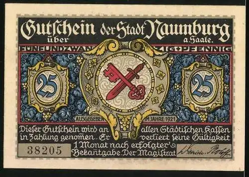Notgeld Alt Naumburg 1921, 25 Pfennig, Das Salztor, Wappen
