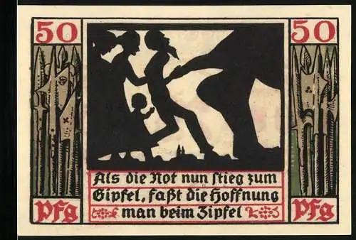 Notgeld Naumburg a. Saale 1920, 50 Pfennig, Familie auf dem Weg zum Gipfel und Wappen