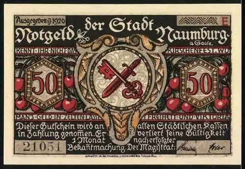 Notgeld Naumburg a. Saale 1920, 50 Pfennig, Familie auf dem Weg zum Gipfel und Wappen