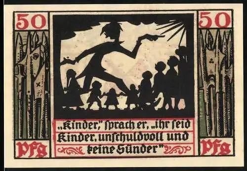 Notgeld Naumburg a. Saale 1920, 50 Pfennig, Lehrer spricht zu Kindern und Wappen