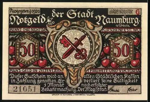 Notgeld Naumburg a. Saale 1920, 50 Pfennig, Lehrer spricht zu Kindern und Wappen