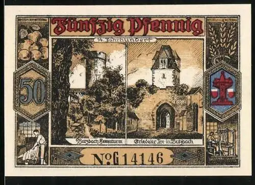 Notgeld Butzbach 1921, 50 Pfennig, 600 jähriges Stadtjubiläum 1321-1921, Hexenturm, Friedeler Tor, Wappen