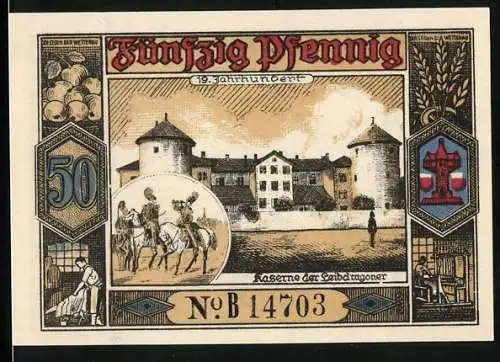 Notgeld Butzbach 1921, 50 Pfennig, 600 jähriges Stadtjubiläum 1321-1921, Kaserne der Leibdragoner, Wappen