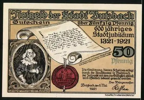 Notgeld Butzbach 1921, 50 Pfennig, 600 jähriges Stadtjubiläum 1321-1921, Kaserne der Leibdragoner, Wappen