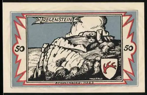 Notgeld Braunschweig 1921, 50 Pfennig, Blankenburg /Harz, Burg Regenstein, Wappen
