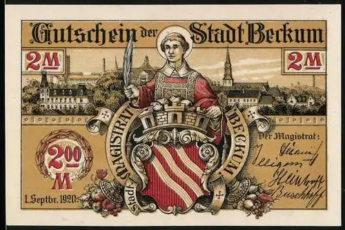 Notgeld Beckum 1920, 2 Mark, Wappen und Ratssonnenuhr