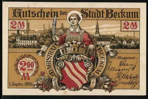 Notgeld Beckum 1920, 2 Mark, Wappen und Ratssonnenuhr