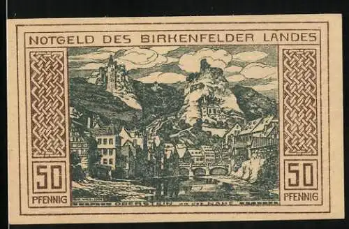 Notgeld Birkenfeld 1921, 50 Pfennig, Oberstein an der Nahe, Ortspartie