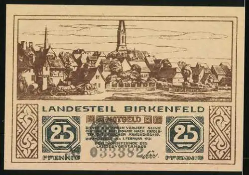 Notgeld Birkenfeld 1921, 25 Pfennig, Waldpartie mit Hirsch