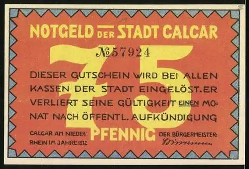 Notgeld Calcar 1922, 75 Pfennig, Maler Jan Joest