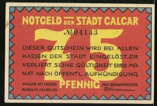 Notgeld Calcar 1922, 75 Pfennig, Rathaus und Kirche des Baumeisters Johann