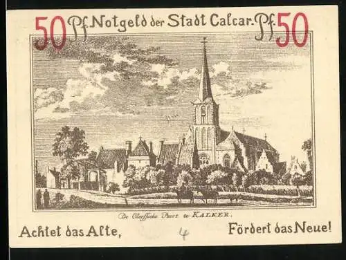 Notgeld Calcar 1922, 50 Pfennig, De Cleeffsche Poort, Bauzeichner mit Zirkel