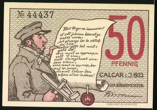 Notgeld Calcar 1922, 50 Pfennig, De Kanselersche Poort, Bauzeichner mit Zirkel