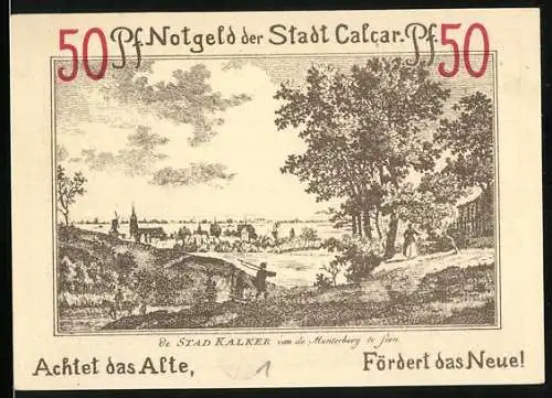 Notgeld Calcar 1922, 50 Pfennig, Stadtansicht vom Monterberg, Bauzeichner mit Zirkel