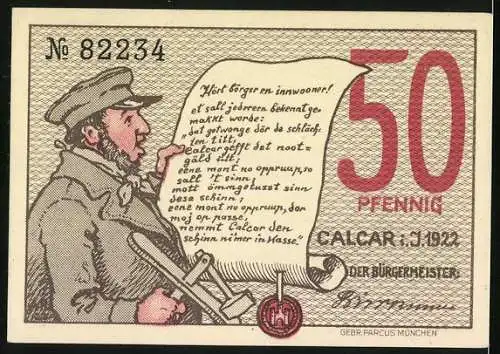Notgeld Calcar 1922, 50 Pfennig, Stadtansicht vom Monterberg, Bauzeichner mit Zirkel