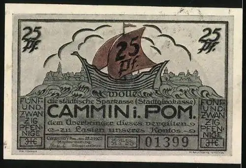 Notgeld Cammin /Pom. 1922, 25 Pfennig, Segelboot vor Ortspanorama, Strassenpartie mit Bautor