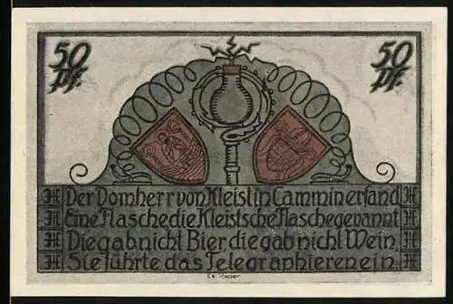 Notgeld Cammin /Pom. 1922, 50 Pfennig, Segelboot vor Ortspanorama, Wappen, Glühbirne
