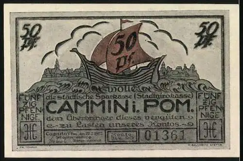 Notgeld Cammin /Pom. 1922, 50 Pfennig, Segelboot vor Ortspanorama, Wappen, Glühbirne