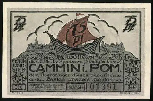 Notgeld Cammin /Pom. 1922, 75 Pfennig, Segelboot vor Ortspanorama, Rathaus