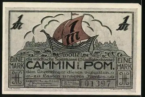 Notgeld Cammin /Pom. 1922, 1 Mark, Segelboot vor Ortspanorama, Dom