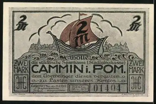 Notgeld Cammin /Pom. 1922, 2 Mark, Segelboot vor Ortspanorama, Ortsansicht