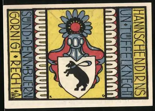 Notgeld Carlow 1921, 50 Pfennig, Hornbläser vor Ortspanorama, Wappen