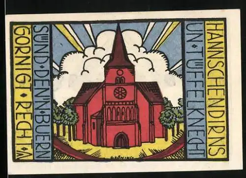 Notgeld Carlow 1921, 75 Pfennig, Hornbläser vor Ortspanorama, Kirche