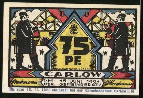 Notgeld Carlow 1921, 75 Pfennig, Hornbläser vor Ortspanorama, Kirche