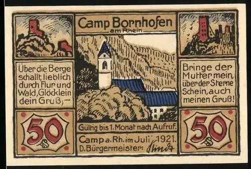 Notgeld Camp Bornhofen 1921, 50 Pfennig, Kirche, Burg, Pietà